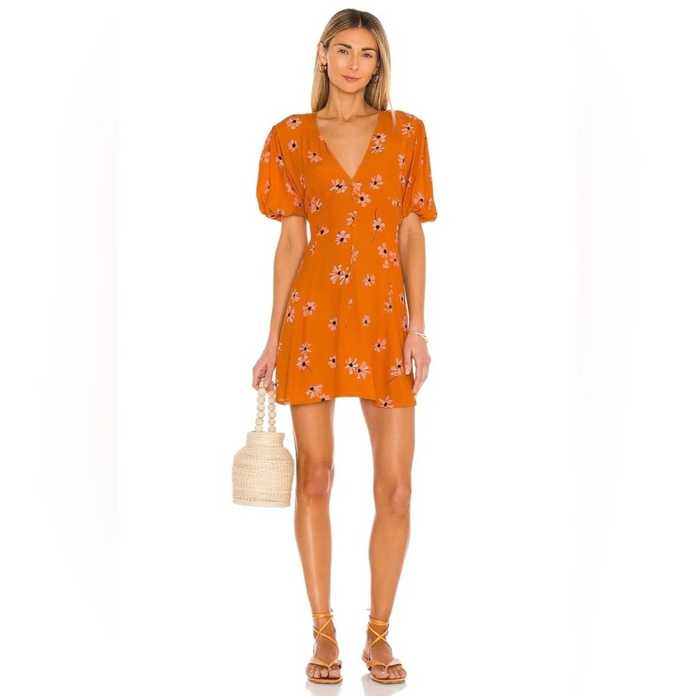 Faithfull The Brand Ilia Floral Mini Dress Orange Boho Puff Sleeve Size XS